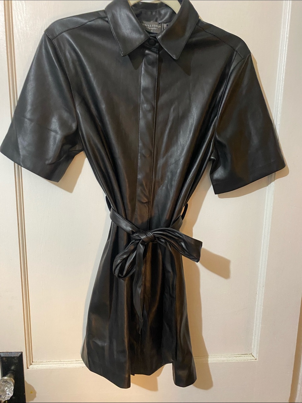 Dress Forum Black Faux Leather Shirt Mini with Tie Detail